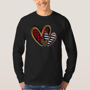 Three Hearts Leopard Buffalo Plaid Valentine's day T-Shirt