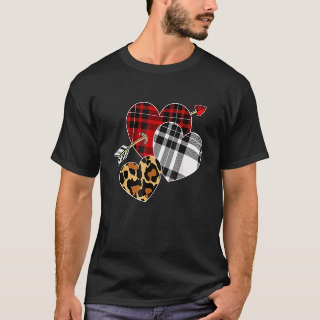 Three Hearts Leopard Plaid Valentine's Day For Boy T-Shirt (Front)