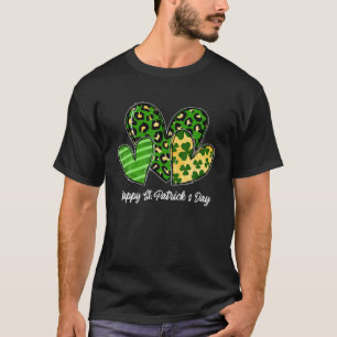 Three Hearts Leopard Shamrocks Happy St Patrick's T-Shirt