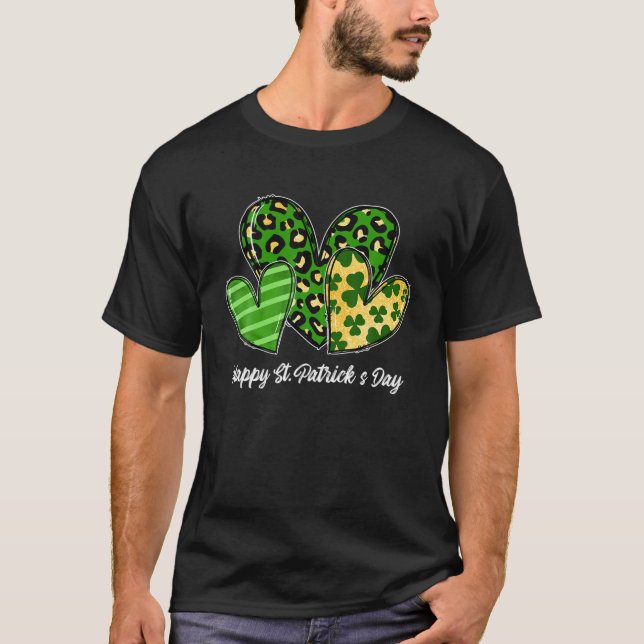 Three Hearts Leopard Shamrocks Happy St Patrick's T-Shirt (Front)