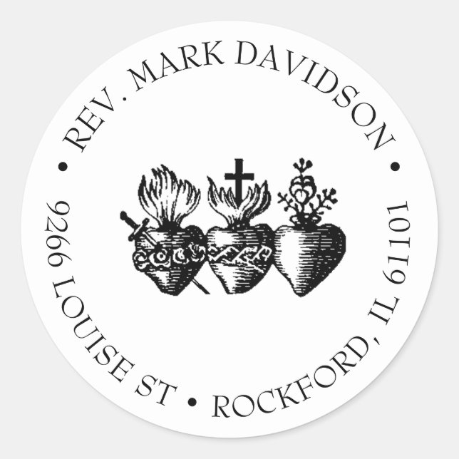 Three Hearts of Jesus, Mary, and Joseph Address Classic Round Sticker (Front)