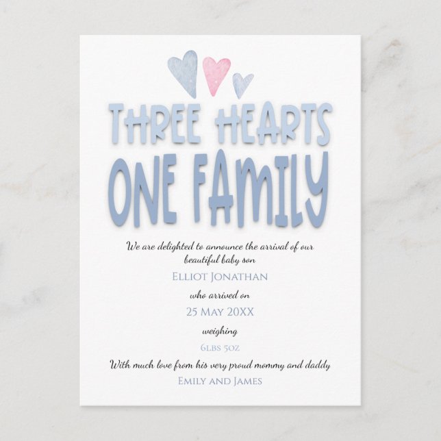 Three Hearts One Family Blue Baby Boy Birth Announcement Postcard (Front)