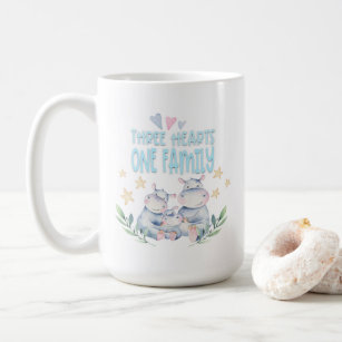 Three Hearts One Family Cute Hippos Blue Coffee Mug