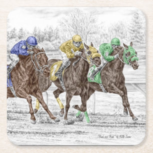 Three Horse Race - Neck and Neck Square Paper Coaster