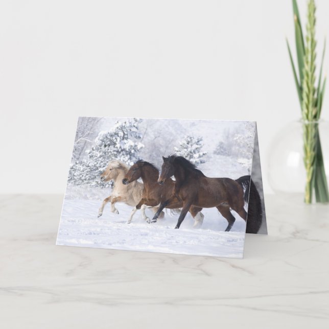 Three Horses Run in the Snow Greeting Card (Front)