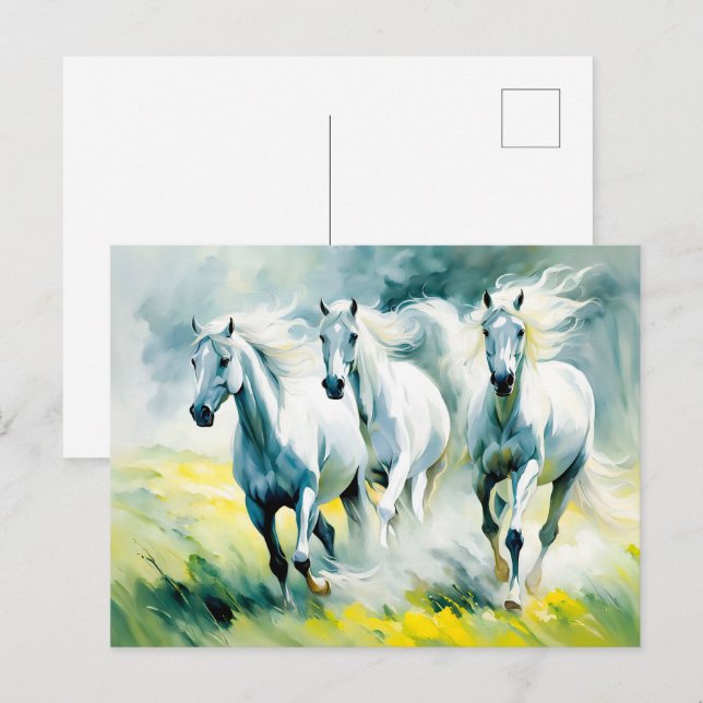 Three Horses Running Through Flower Field Postcard (Front/Back)