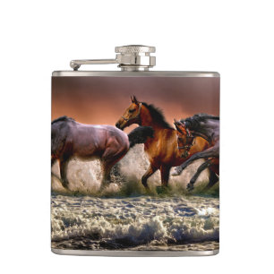 Three Horses Trotting in the Ocean Hip Flask