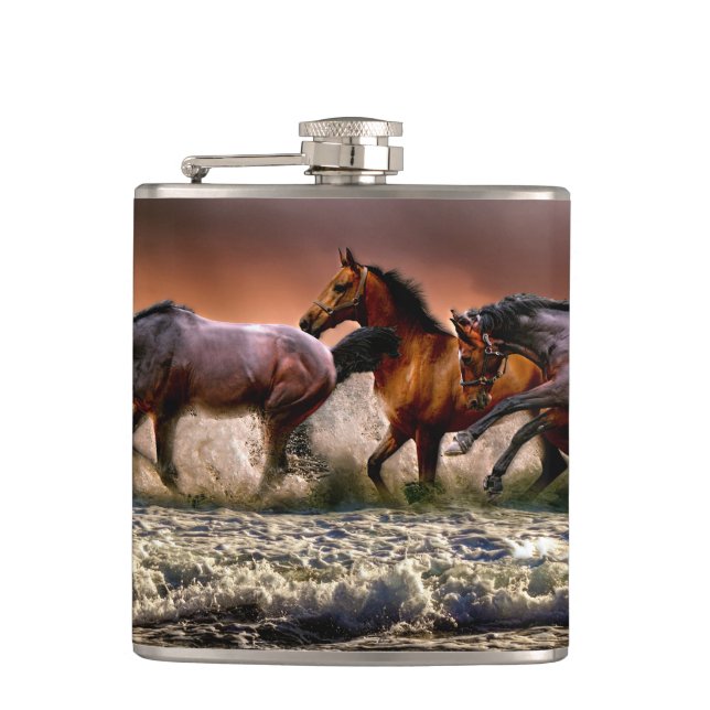 Three Horses Trotting in the Ocean Hip Flask (Front)
