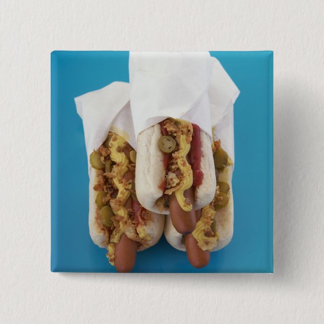 Three hot dogs in buns 15 cm square badge (Front)