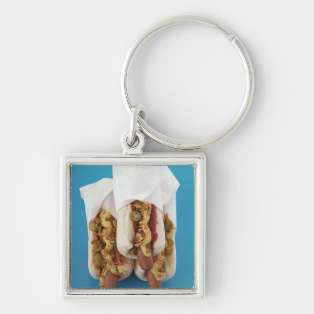 Three hot dogs in buns key ring (Front)
