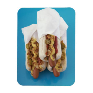 Three hot dogs in buns magnet