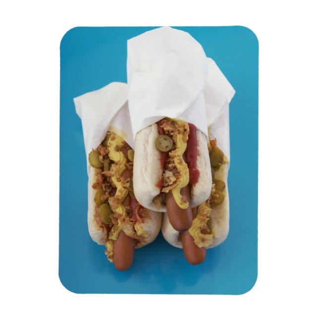 Three hot dogs in buns magnet (Vertical)