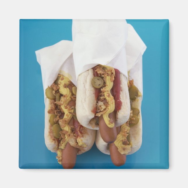 Three hot dogs in buns magnet (Front)
