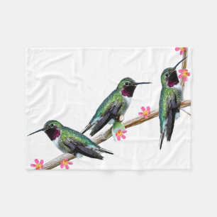 Three Hummingbirds perched on a branch of a Floss Fleece Blanket