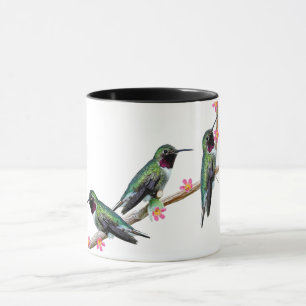 Three Hummingbirds perched on a branch of a Floss Mug