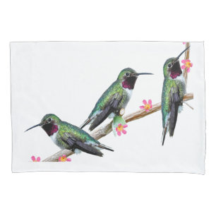 Three Hummingbirds perched on a branch of a Floss Pillowcase