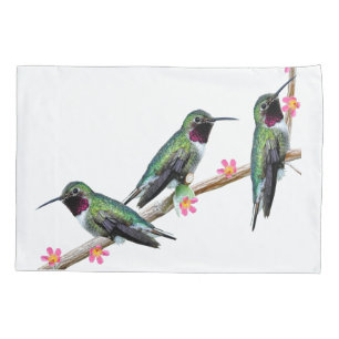 Three Hummingbirds perched on a branch of a Floss Pillowcase