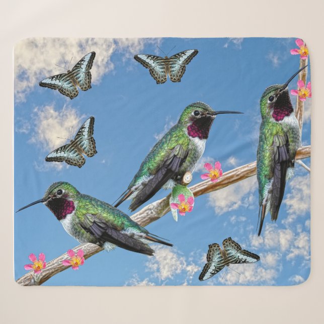 Three Hummingbirds perching on a branch Floss Silt Sherpa Blanket (Front (Horizontal))