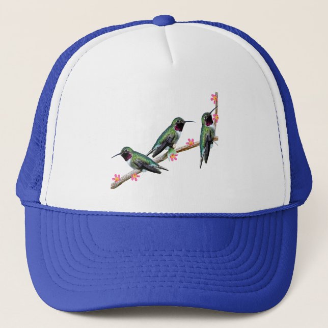 Three Hummingbirds perching on a branch Floss Silt Trucker Hat (Front)