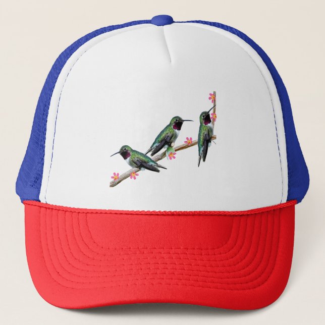 Three Hummingbirds perching on a branch Floss Silt Trucker Hat (Front)