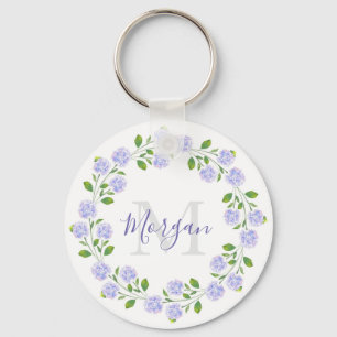 Three Hydrangeas Watercolor Floral Wreath Key Ring