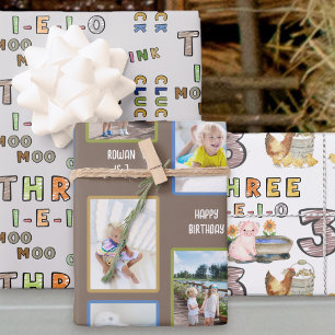 Three-i-e-i-o 3rd Birthday Photos and Farm Theme Wrapping Paper Sheet