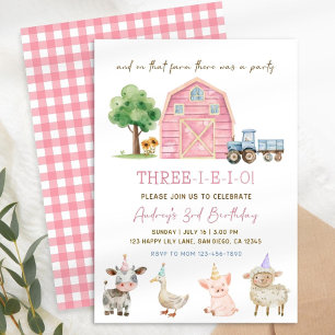 Three I E I O Birthday Invitation, Editable Girl 3 Invitation