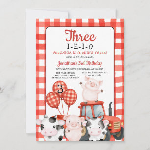 Three-I-E-I-O Birthday Red farm animal Barnyard Invitation