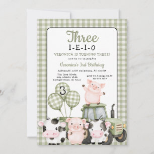 Three-I-E-I-O Birthday Sage Green farm animal Invitation