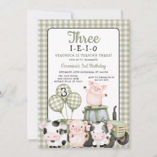 Three-I-E-I-O Birthday Sage Green farm animal Invitation