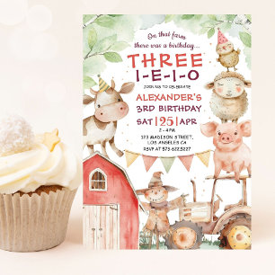 THREE-I-E-I-O Cute Boy Farm 3rd Birthday Invitation