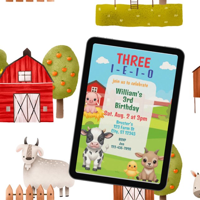 Three I-E-I-O, Cute Farm Animal 3rd Birthday Invitation (Creator Uploaded)