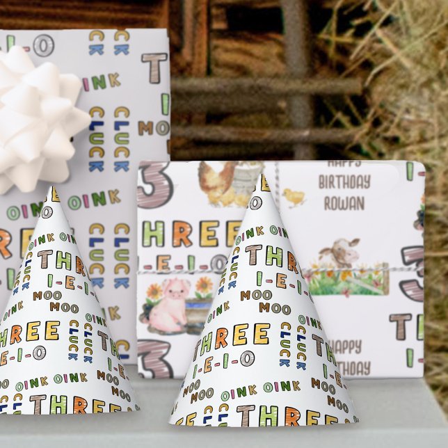 Three-i-e-i-o Farm Animal Sounds Colourful Text Party Hat (Three-i-e-i-o nursery rhyme farm theme 3rd birthday party hats
)