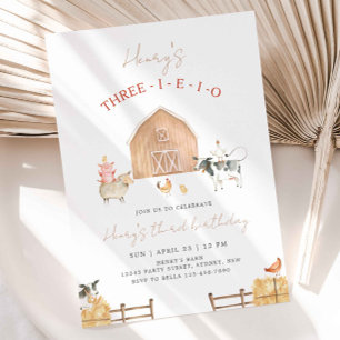 Three-I-E-I-O Farm Animals 3rd Birthday Beige Barn Invitation