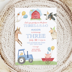 Three-I-E-I-O Farm Animals 3rd Birthday Invitation