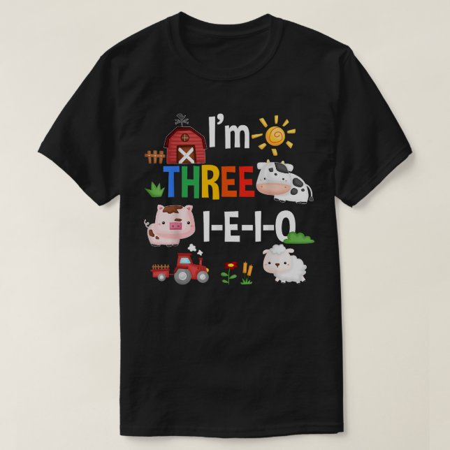 Three I E I O Farm Party 3rd Birthday Girl Outfit  T-Shirt (Design Front)
