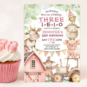 THREE-I-E-I-O Pink Girl Farm 3rd Birthday  Invitation
