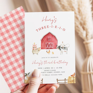 Three-I-E-I-O Red Barn Farm 3rd Birthday Party Invitation