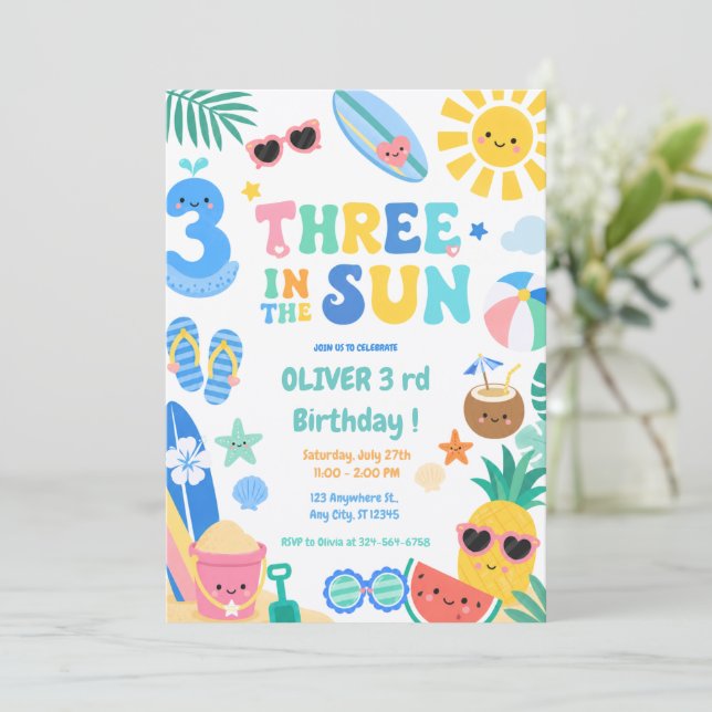 Three in the Sun Boy Tropical Three Birthday Invitation (Standing Front)
