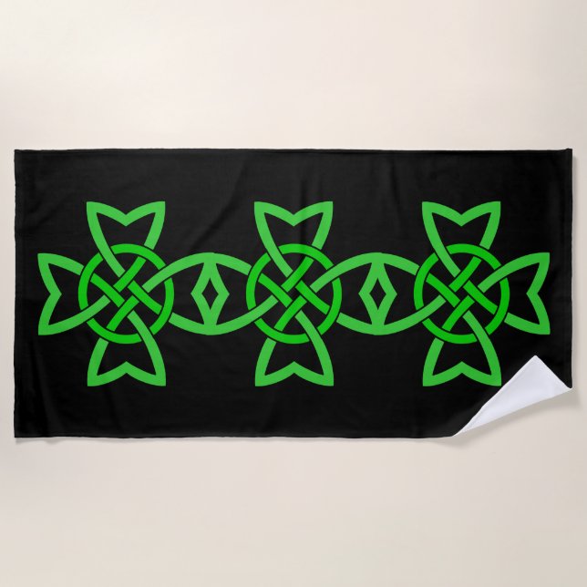 Three Intertwined Vibrant Green Celtic Knots Black Beach Towel (Front)