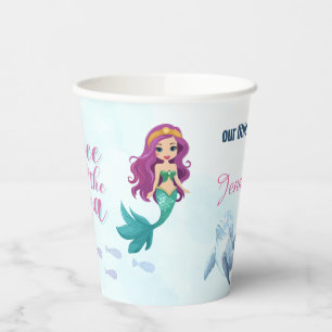 Three into the Sea Blue Mermaid Girls 3rd birthday Paper Cups