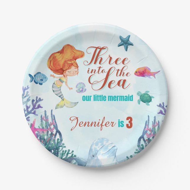 Three into the Sea Mermaid Girls 3rd birthday Paper Plate (Front)
