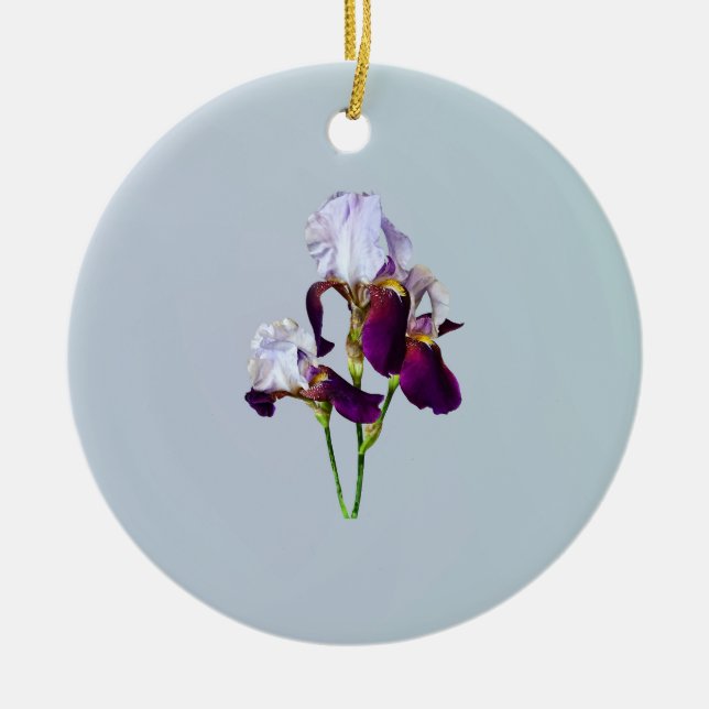 Three Irises in Shades of Magenta Ceramic Tree Decoration (Front)