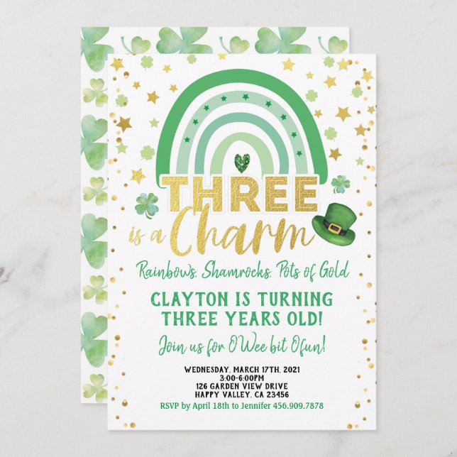 Three Is A Charm 3rd Birthday St Patrick's Day Invitation (Front/Back)