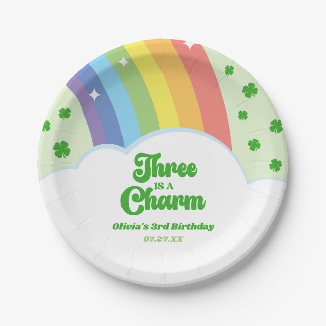 Three Is A Charm Rainbow 3rd Birthday Party Paper Plate (Front)