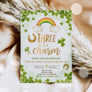 Three Is A Charm St Patrick's 3rd Birthday Party Invitation