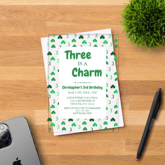 Three Is A Charm St Patrick's Day 3rd Birthday Acrylic Invitations (Insitu (Invitation Card))