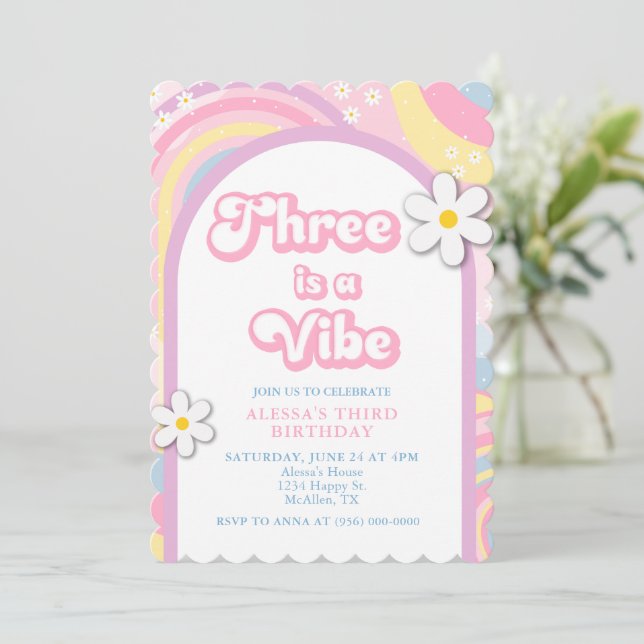 Three is a Vibe Groovy, Retro Girl Pastel Colours Invitation (Standing Front)