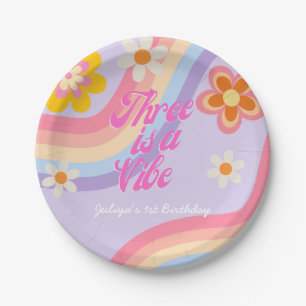 Three is a vibe Retro Rainbow 3rd Birthday  Paper Plate