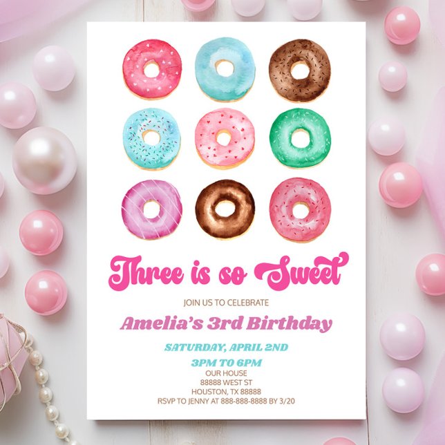 Three Is So Sweet Doughnut 3rd Birthday Party Invitation (Creator Uploaded)